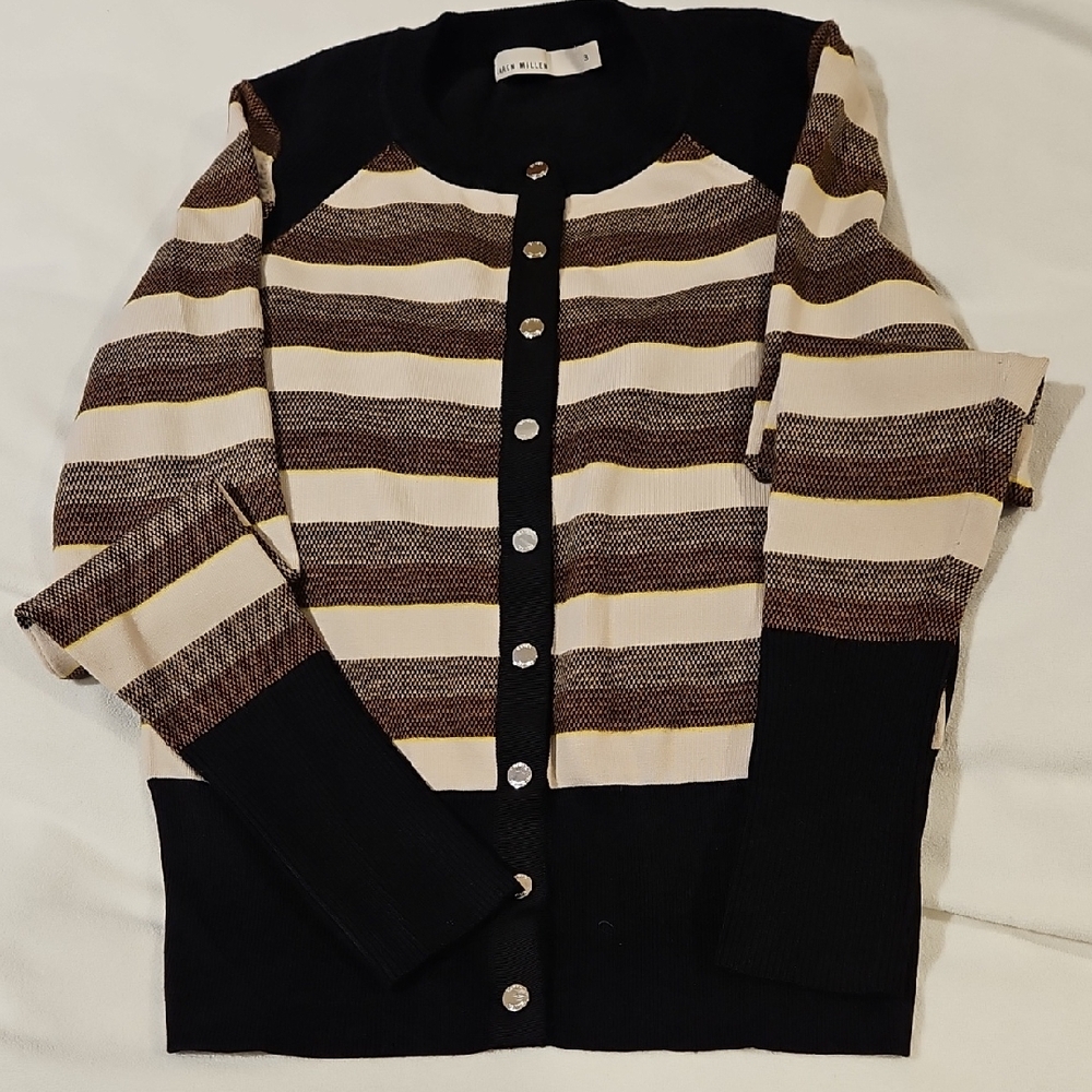 KAREN MILLEN STRIPED SNAP CARDIGAN     SIZE 3